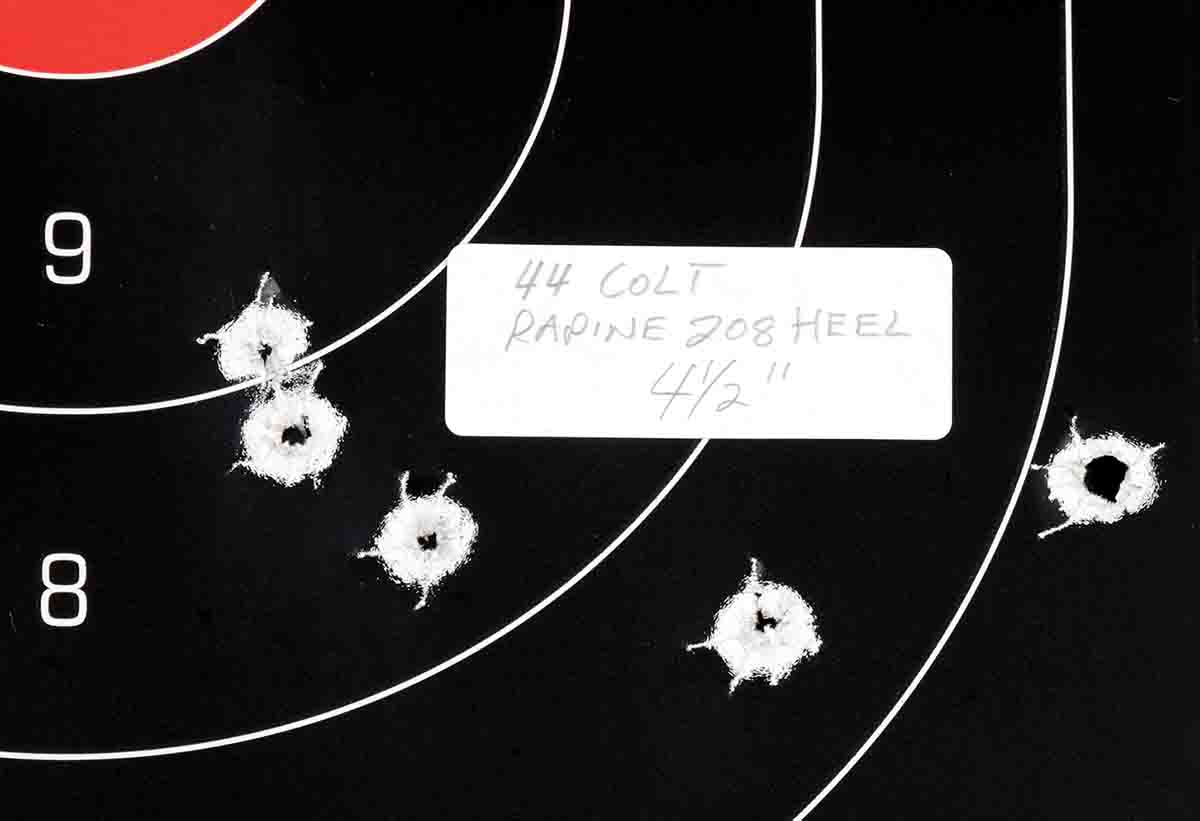 Mike has never achieved accuracy with heel-base .44 Colt bullets when compared to what is attained with hollowbase .38 and .41 Colt bullets.